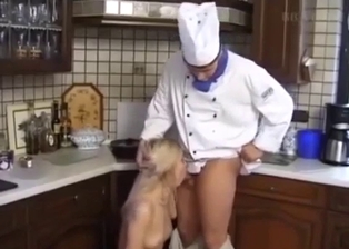 Busty blonde sister sucks my boner in the kitchen